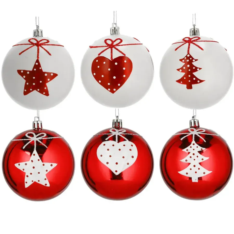 Kerstdecoratie-Cepewa Kerstballen - 6x - rood - wit - kunststof - 6 cm