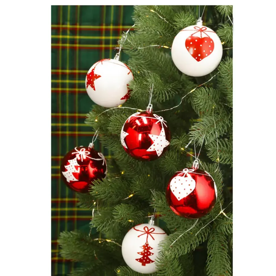 Kerstdecoratie-Cepewa Kerstballen - 6x - rood - wit - kunststof - 6 cm