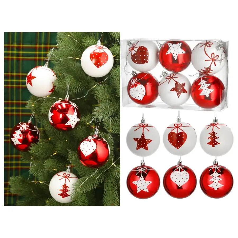Kerstdecoratie-Cepewa Kerstballen - 6x - rood - wit - kunststof - 6 cm