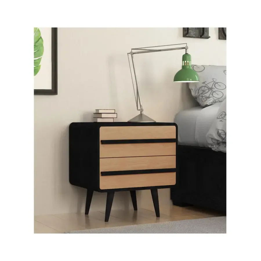 Nachtkastjes|Nachtkastjes-Loft24 Chantal - Nachtkastje met 2 laden in eiken look / zwart