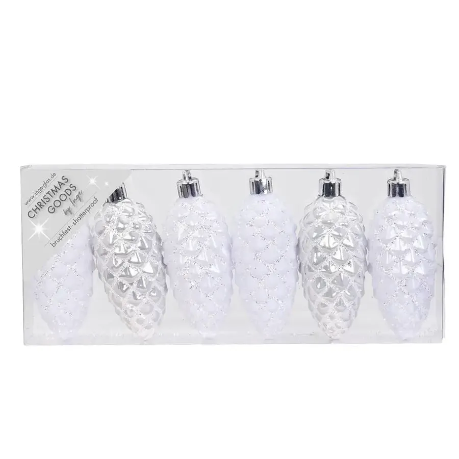 Kerstballen|Kerstdecoratie-Inge-glas Christmas goods Kersthangers - 6x - dennenappels - wit - 9 cm