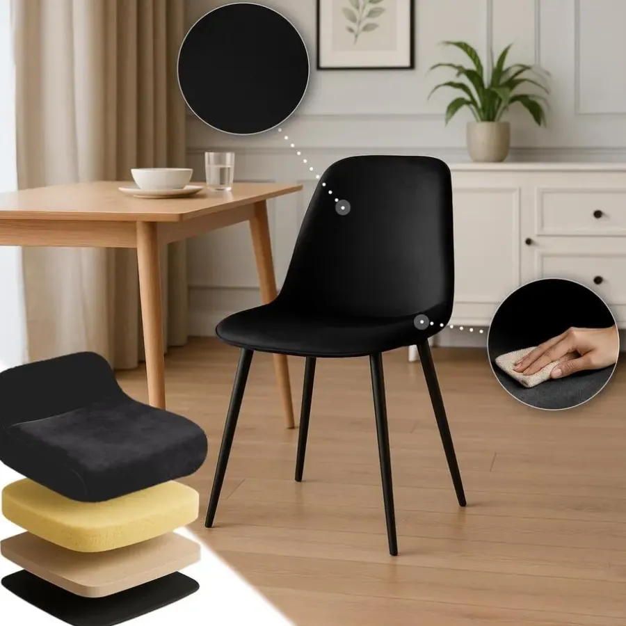 Eetkamerstoelen-CLP Set van 4 Eetkamerstoel Maryam zwart Frame - Fluweel - zwart