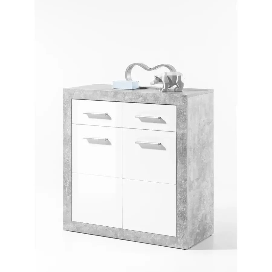 Ladekasten|Ladekasten-Emob Commode Inga 82 cm met 2 deuren & 2 lades - beton/wit