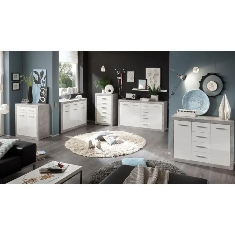 Ladekasten|Ladekasten-Emob Commode Inga 82 cm met 2 deuren & 2 lades - beton/wit