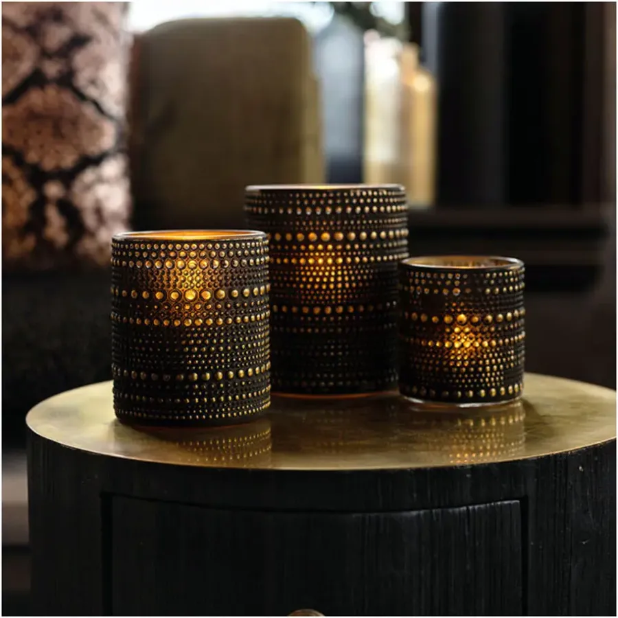 Kandelaars En Windlichten-Countryfield theelichthouder/kaarsenhouder - zwart/goud - H8 cm
