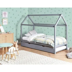 1-Persoons Bedden-Beliani CRILLON - Onderschuifbed - Grijs - 90 x 200 - Hout
