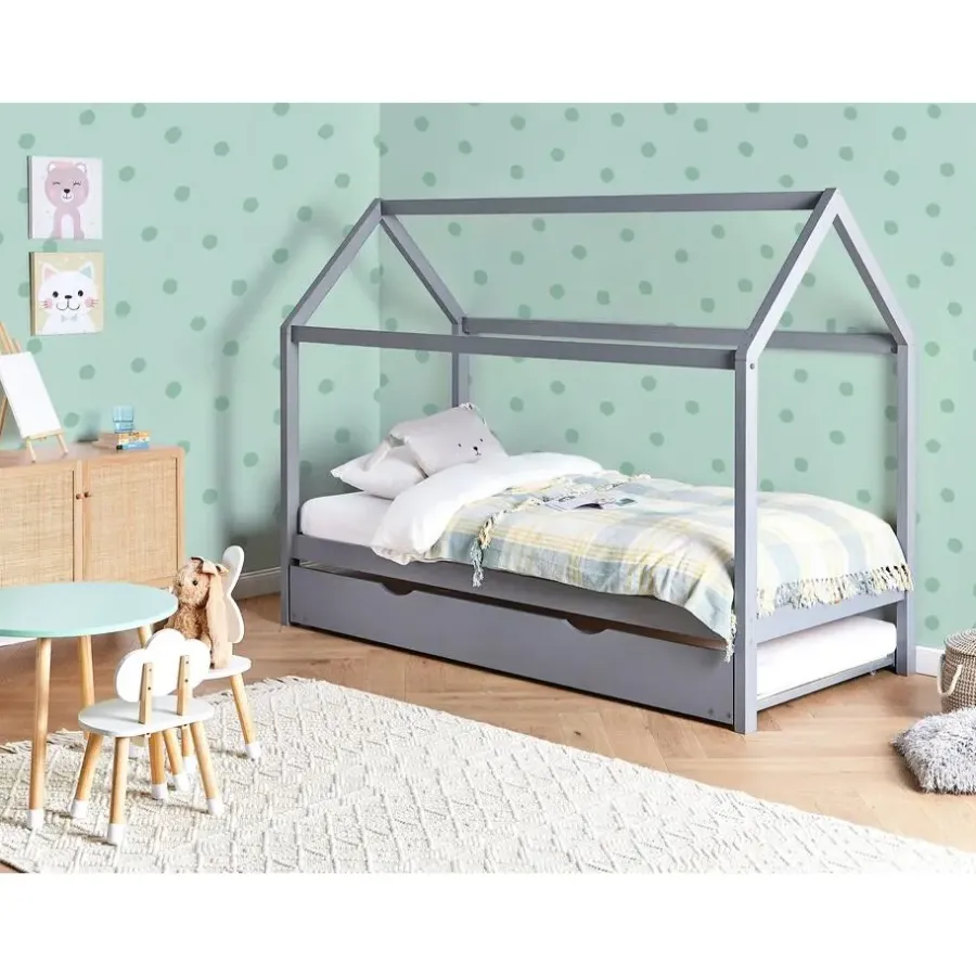 1-Persoons Bedden-Beliani CRILLON - Onderschuifbed - Grijs - 90 x 200 - Hout
