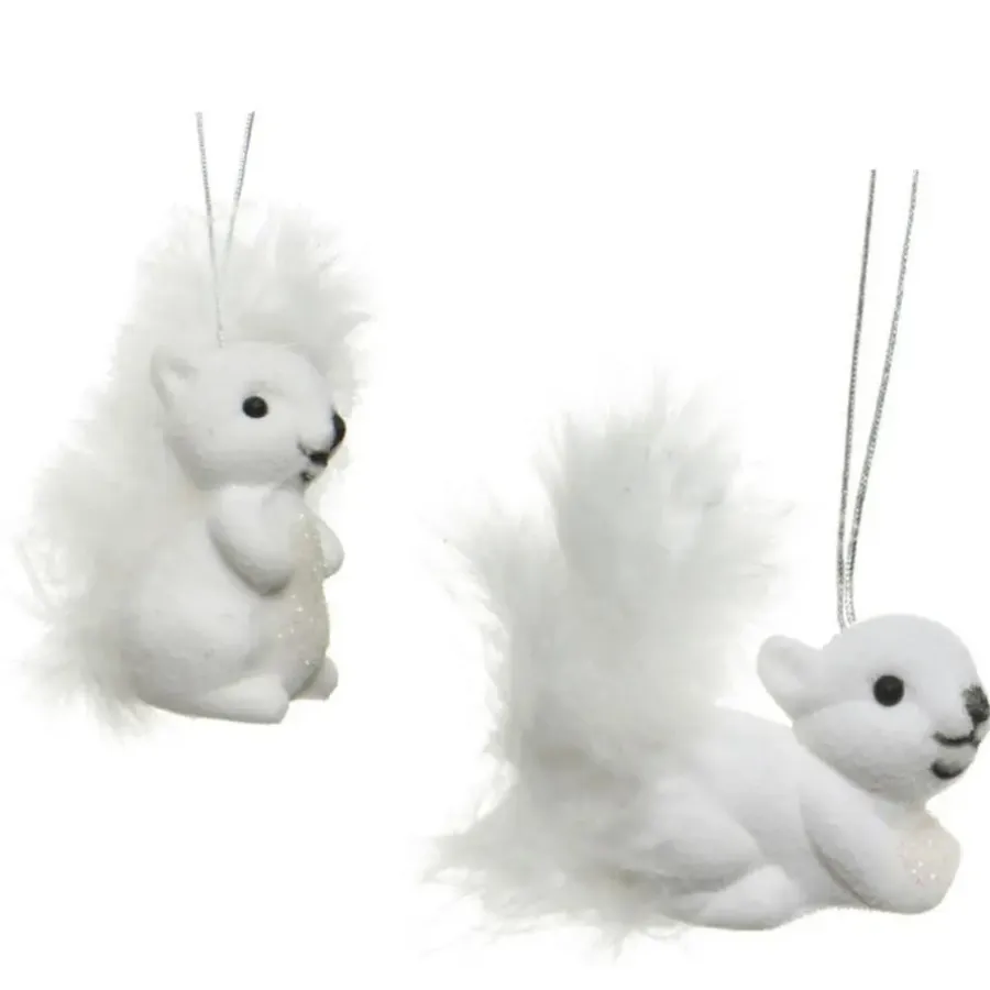 Kerstdecoratie-Decoris Eekhoorn kersthangers - 2x st - wit - 6 cm - kunststof