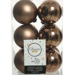 Kerstballen|Kerstdecoratie-Decoris Kerstballen - 12 stuks - kunststof - walnoot bruin - 6 cm