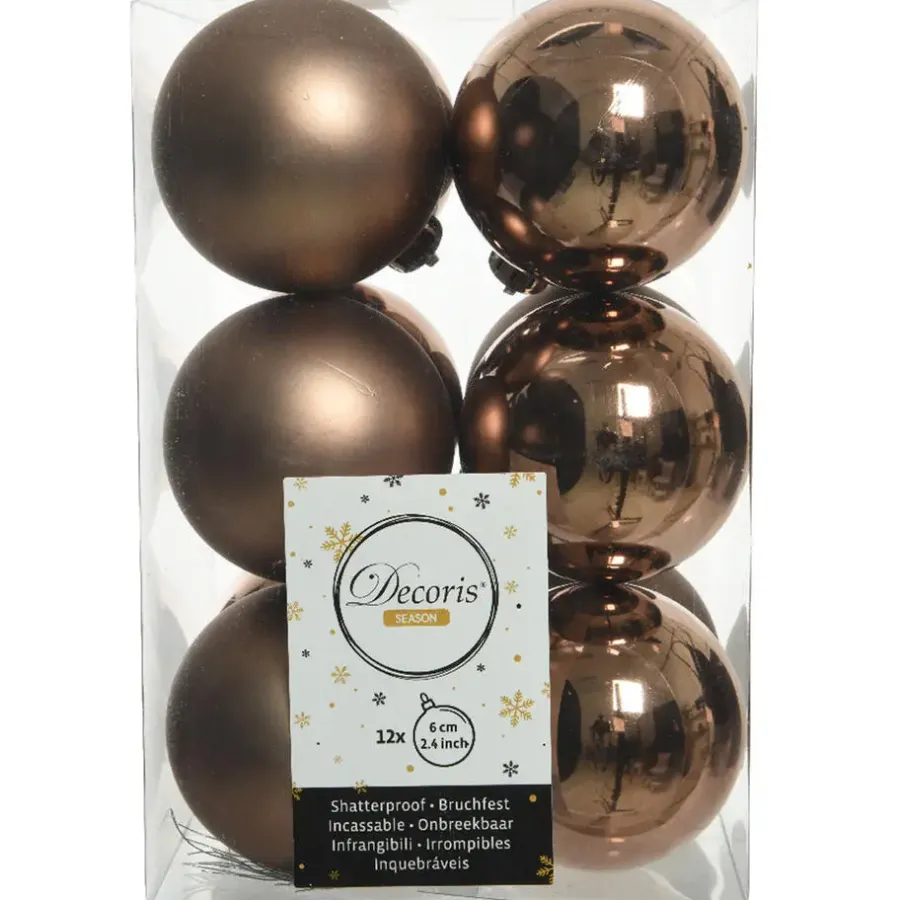 Kerstballen|Kerstdecoratie-Decoris Kerstballen - 12 stuks - kunststof - walnoot bruin - 6 cm