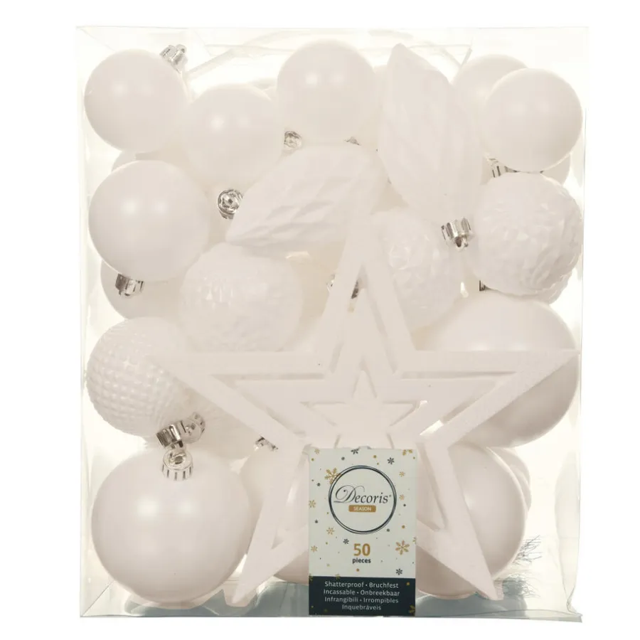 Kerstballen|Kerstdecoratie-Decoris Kerstballen met piek - 49st - kunststof - wit - 5-6-8-10 cm