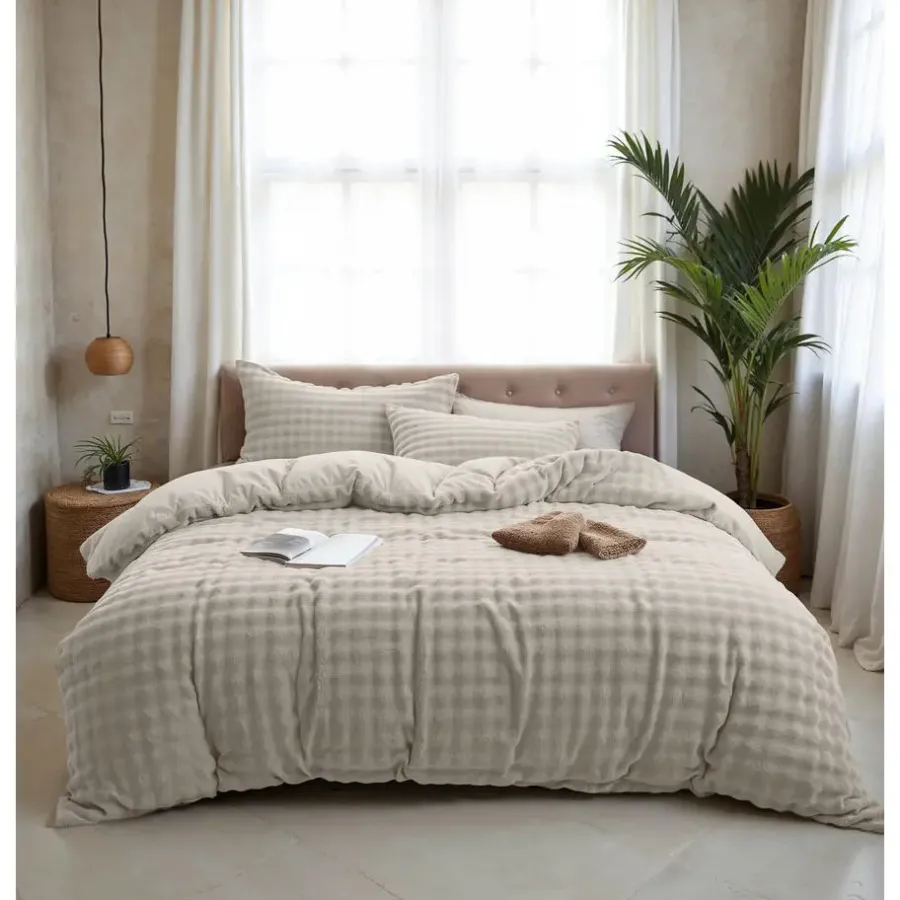 Sleeptime Dekbedovertrek 240x220 – Pompom Design & Warm Flanel Fleece - Beige