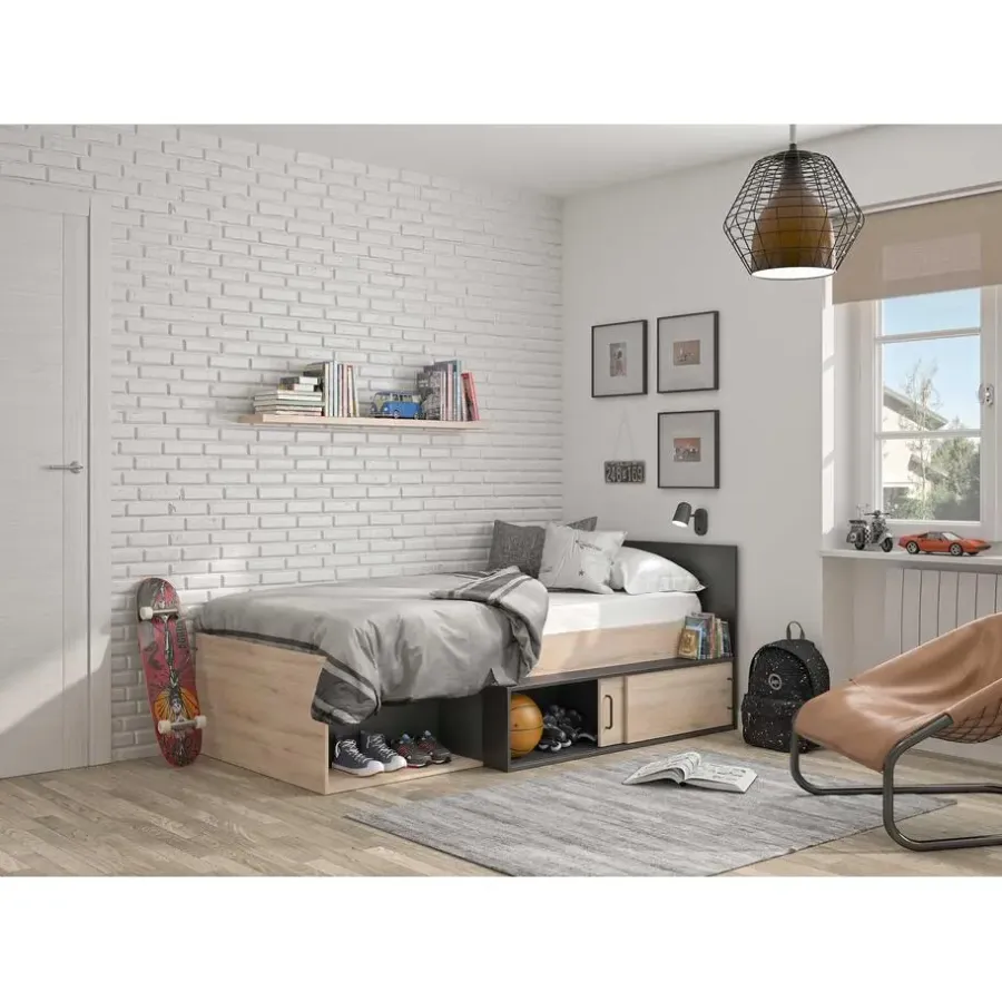 DIAGONE Bed Erquy - Opbergvakken - 90x200cm - Zwart/Eikenkleur