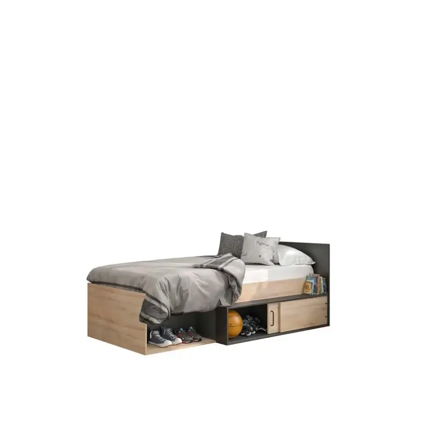 DIAGONE Bed Erquy - Opbergvakken - 90x200cm - Zwart/Eikenkleur