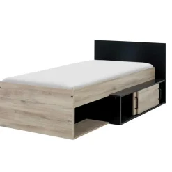 DIAGONE Bed Erquy - Opbergvakken - 90x200cm - Zwart/Eikenkleur