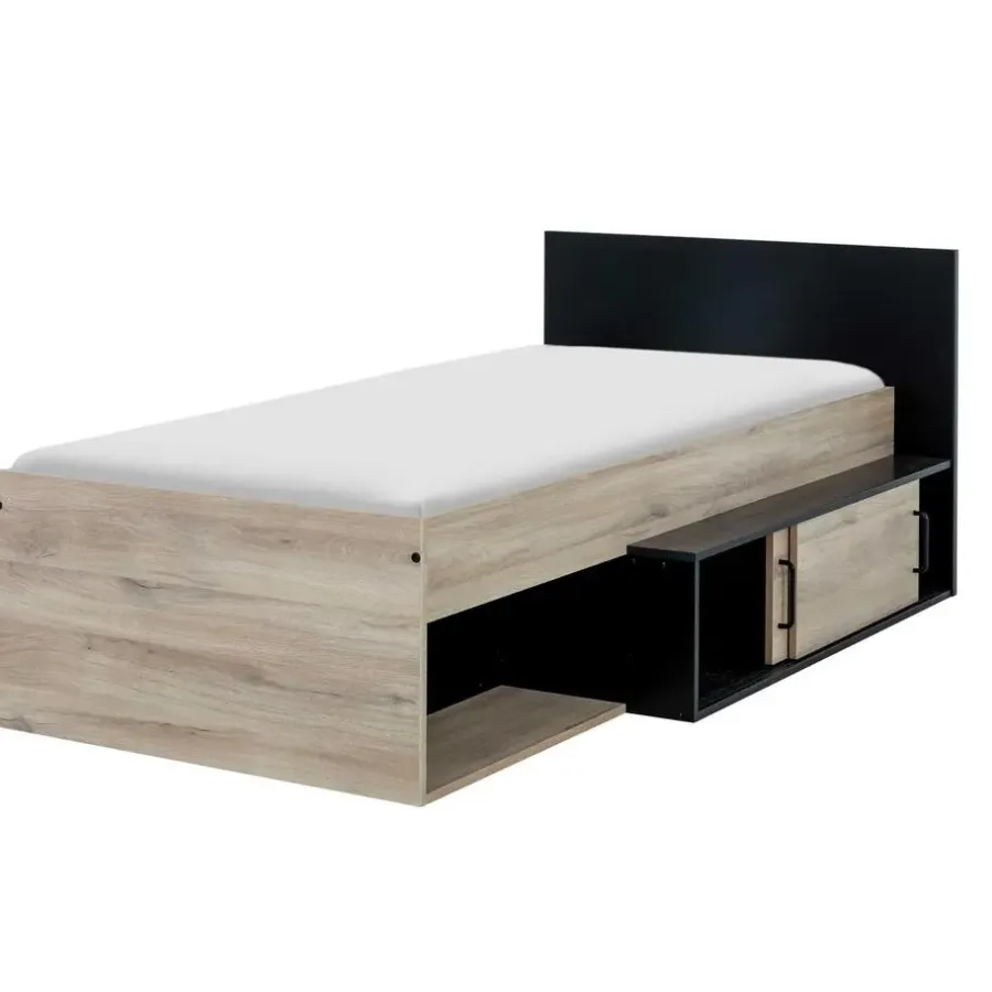 DIAGONE Bed Erquy - Opbergvakken - 90x200cm - Zwart/Eikenkleur