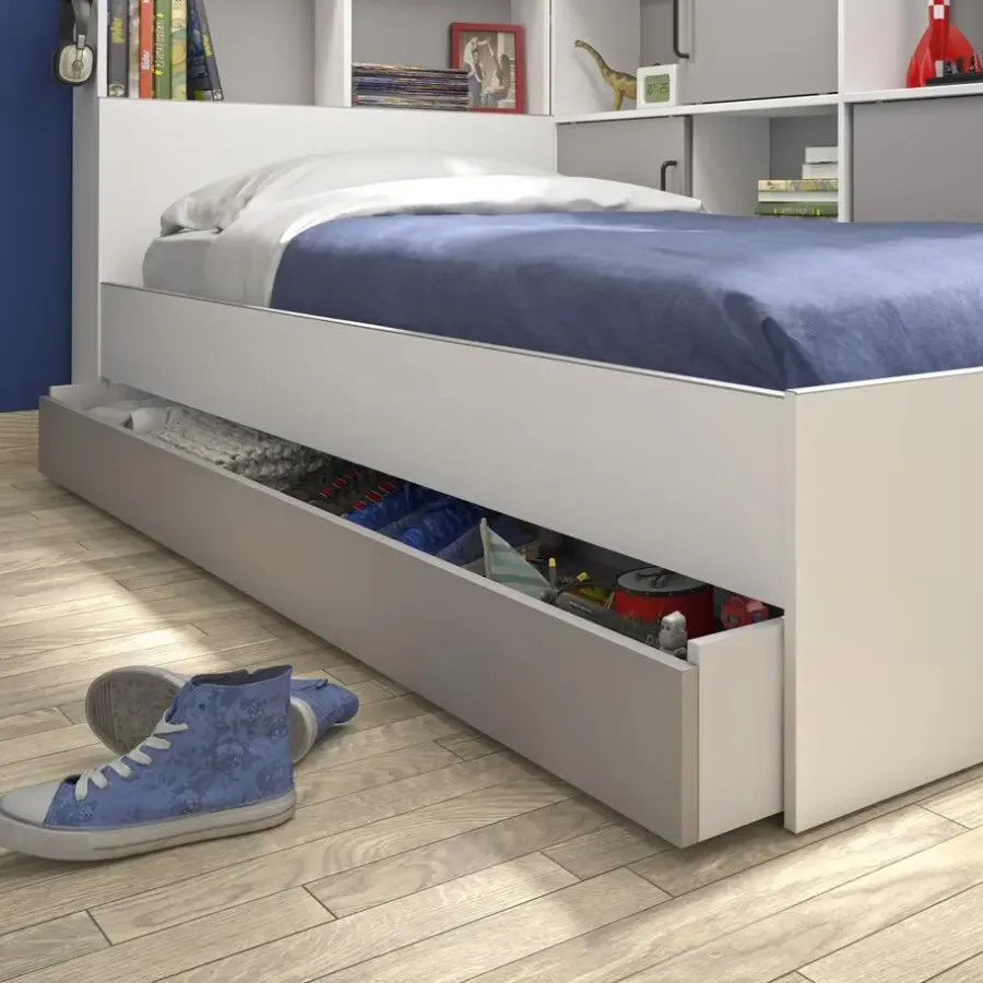 Kinderbedden-DIAGONE Bed Erwan - Opbergruimte - 90x200cm - Grijs/Wit