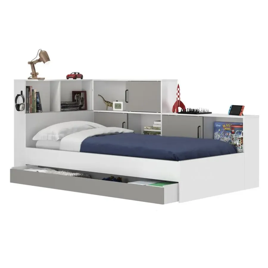 Kinderbedden-DIAGONE Bed Erwan - Opbergruimte - 90x200cm - Grijs/Wit