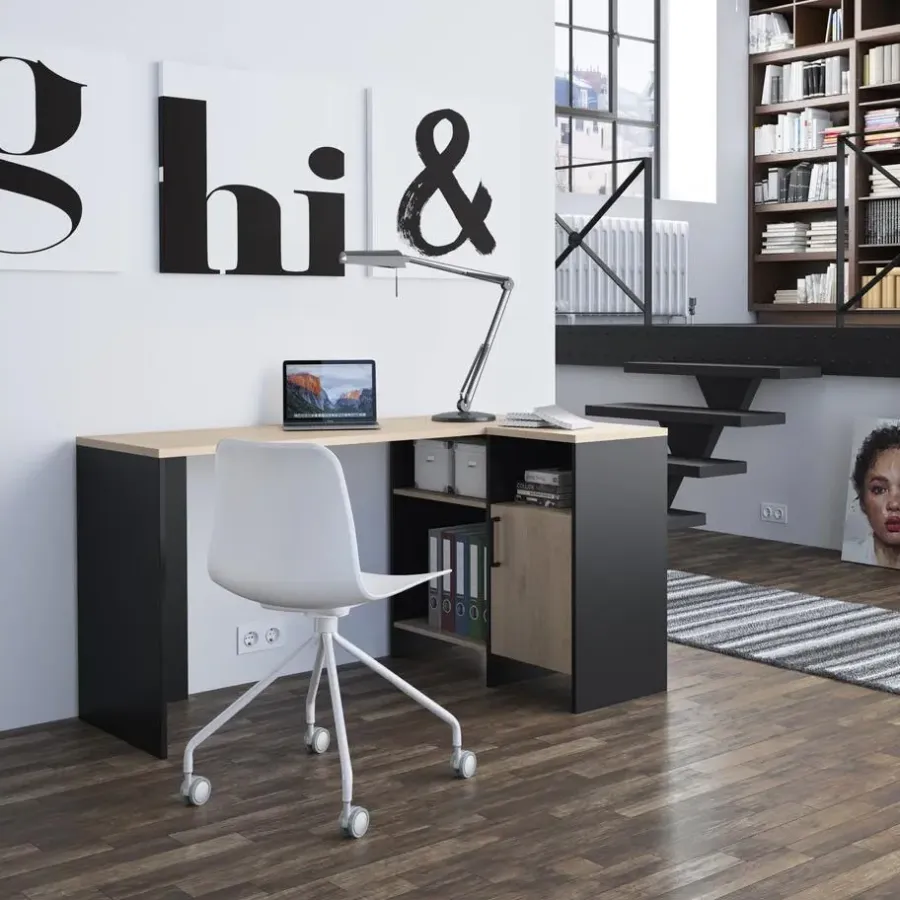 Hoekbureaus-DIAGONE Hoekbureau Liverpool - 1 deur 3 vakken - Zwart/Eikenkleur