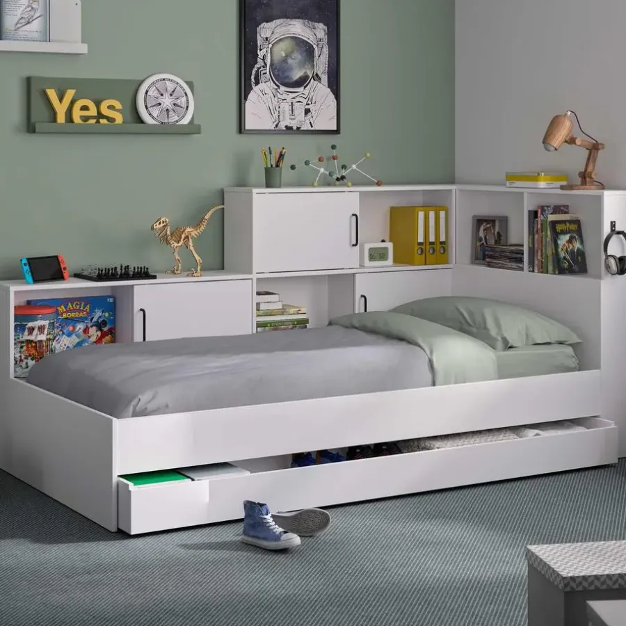 1-Persoons Bedden-DIAGONE Tienerbed met bedlade en opbergruimte Erwan - 90 x 200 cm - Wit