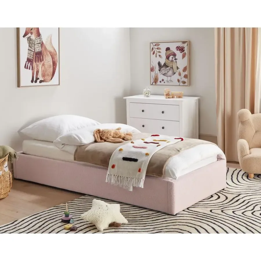 1-Persoons Bedden-Beliani DINAN - Eenpersoonsbed - Roze - 90 x 200 cm - Bouclé