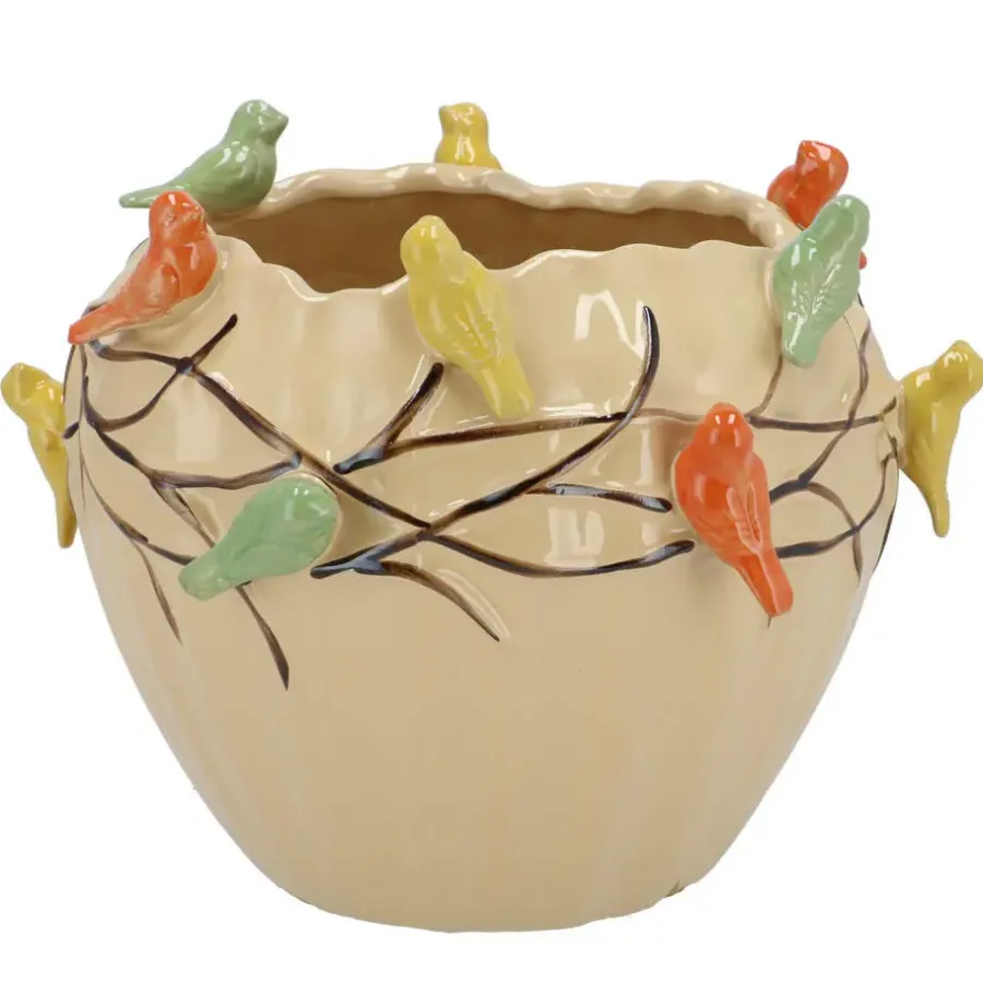 Bloempotten|Bloempotten Voor Binnen-DK Design Bloempot/plantenpot Vogels - zandkleurig - D26 x H20 cm