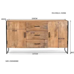 Livingfurn Dressoir Naturel Mangohout - Metaal - 150x40x80cm - Elin