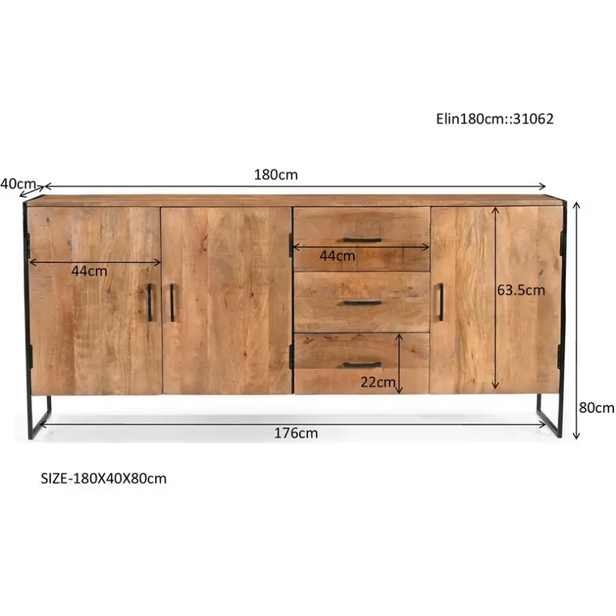 Dressoirs-Livingfurn Dressoir Naturel Mangohout - Metaal - 180x40x80cm - Elin