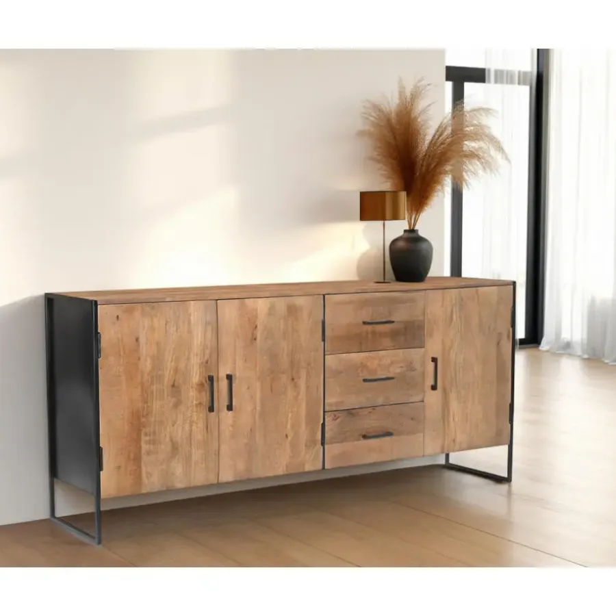 Dressoirs-Livingfurn Dressoir Naturel Mangohout - Metaal - 180x40x80cm - Elin