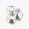 Wandrekken-IVOL Driedubbel zeshoekig metalen wandrek met 3 houten plankjes - 40,5x41 cm - Zwart