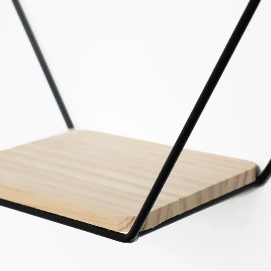 Wandrekken-IVOL Driedubbel zeshoekig metalen wandrek met 3 houten plankjes - 40,5x41 cm - Zwart