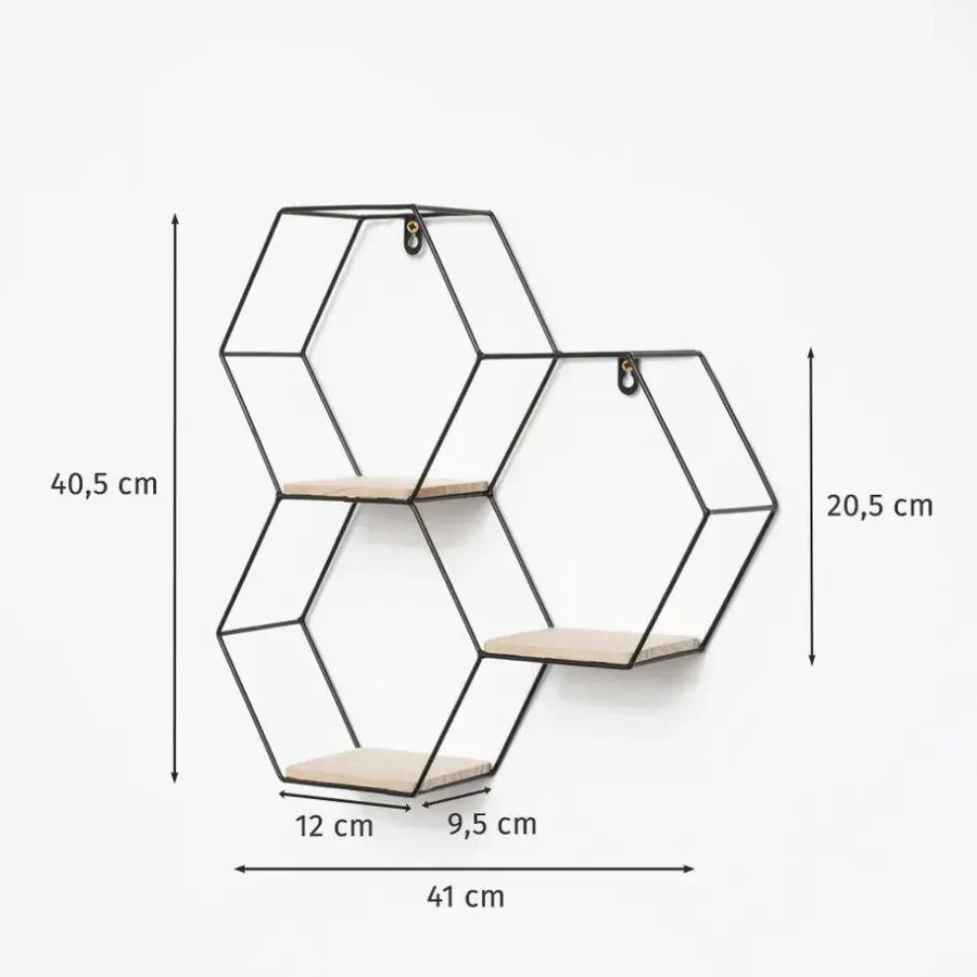 Wandrekken-IVOL Driedubbel zeshoekig metalen wandrek met 3 houten plankjes - 40,5x41 cm - Zwart