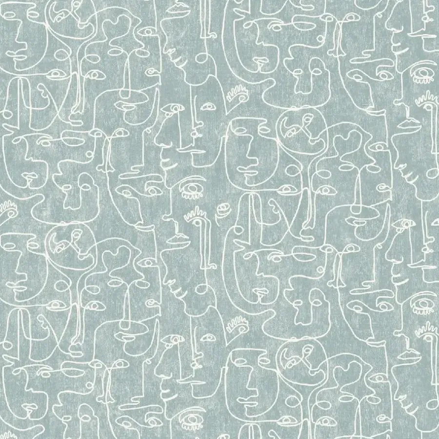 Behang-Dutch Wallcoverings - Arty Faces blauwgroen/wit - 0,53x10,05m
