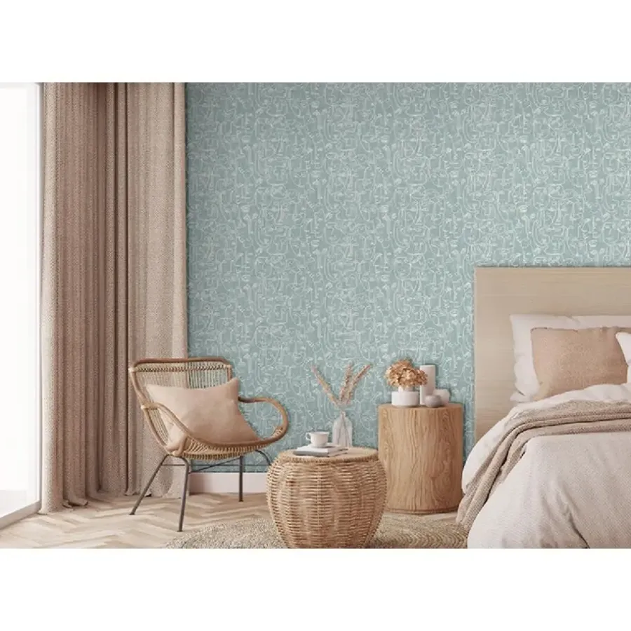 Behang-Dutch Wallcoverings - Arty Faces blauwgroen/wit - 0,53x10,05m