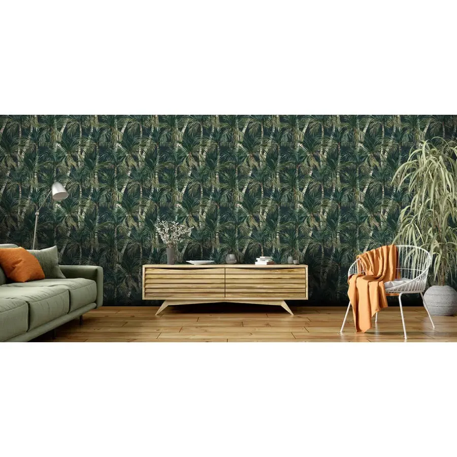 Behang-Dutch Wallcoverings - Eden palmbomen zwart/groen - 0,53x10,05m