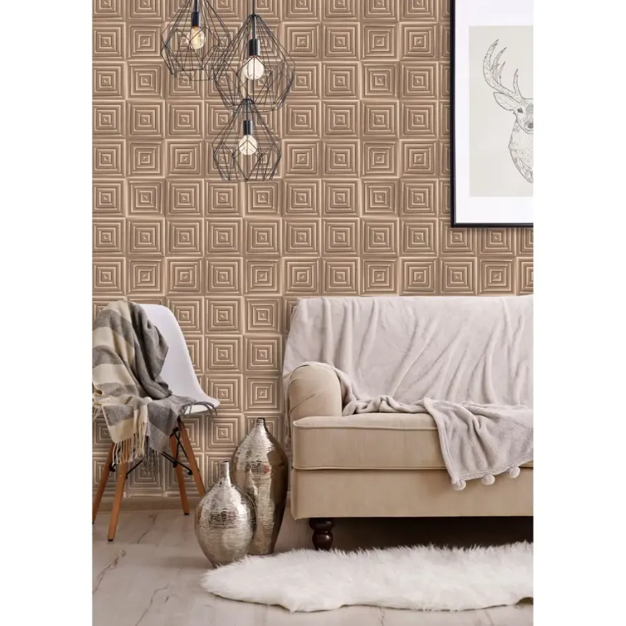 Dutch Wallcoverings - Hexagone 3D vierkant koper - 0,53x10,05m