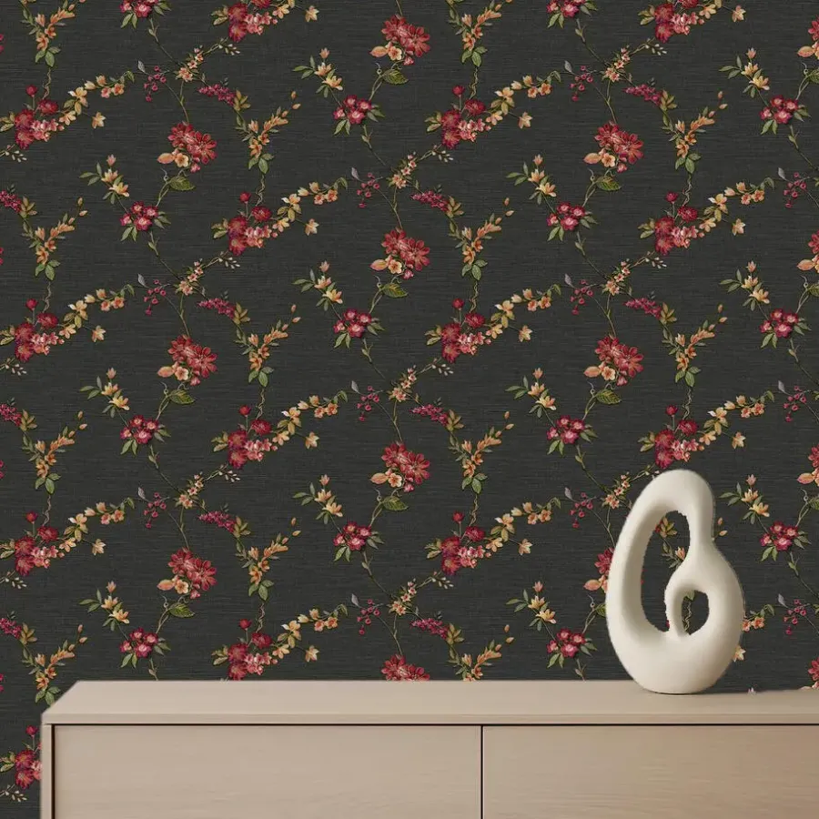 Dutch Wallcoverings Vliesbehang Fabric Touch flower - zwart - 10,05m x 53cm