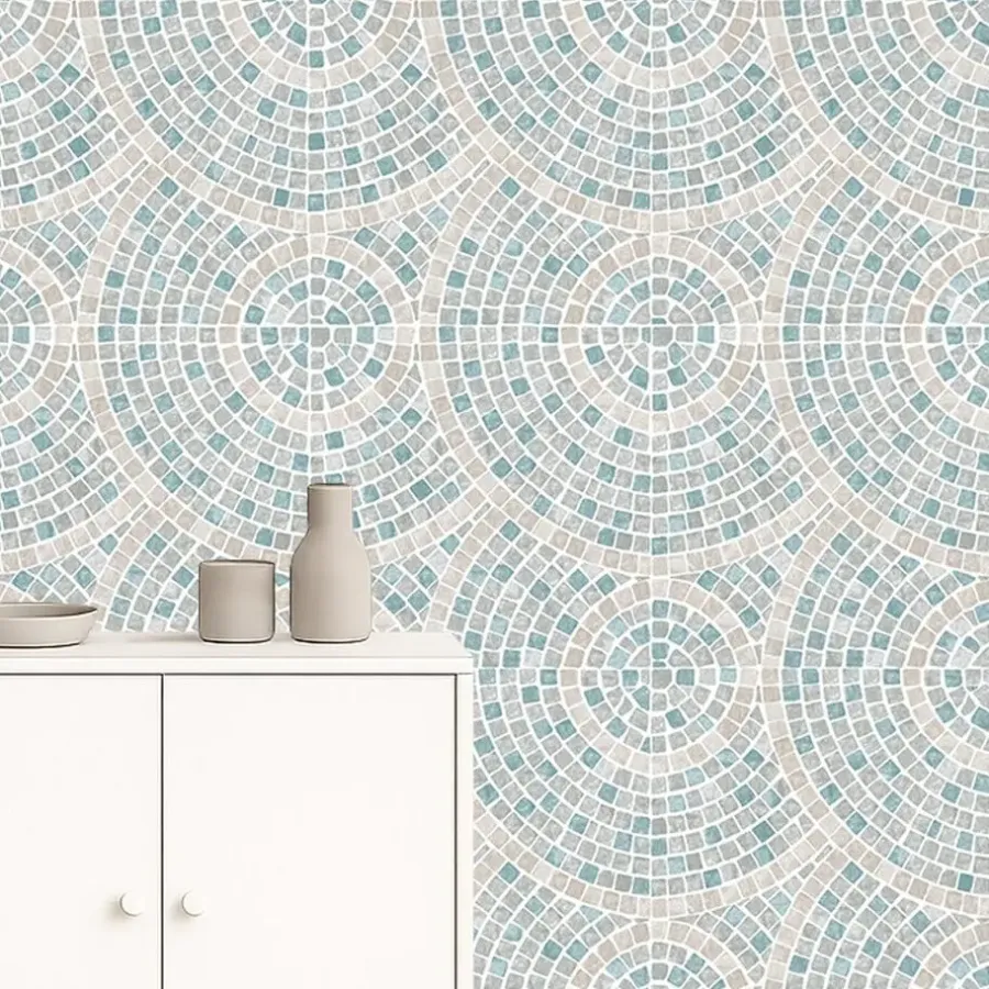 Behang-Dutch Wallcoverings Vliesbehang Artifice mozaïc tegel - grijs/petrol - 10mx53cm