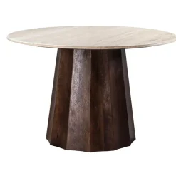 Giga Meubel Eettafel Ø120cm - Wit Travertin Blad - Bruin Onderstel