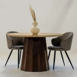 Giga Meubel Eettafel Ø120cm - Wit Travertin Blad - Bruin Onderstel