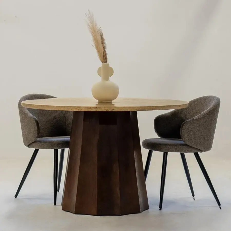 Giga Meubel Eettafel Ø120cm - Wit Travertin Blad - Bruin Onderstel