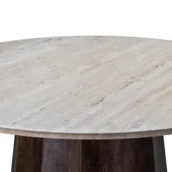 Giga Meubel Eettafel Ø120cm - Wit Travertin Blad - Bruin Onderstel