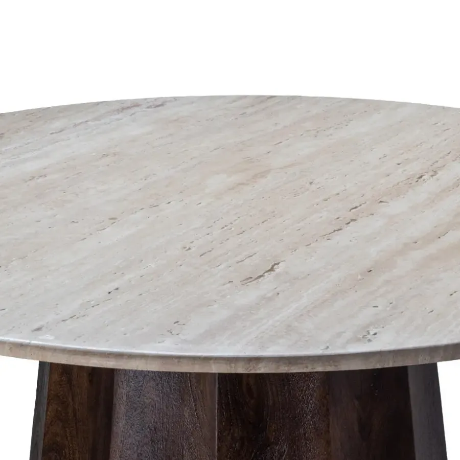 Giga Meubel Eettafel Ø120cm - Wit Travertin Blad - Bruin Onderstel