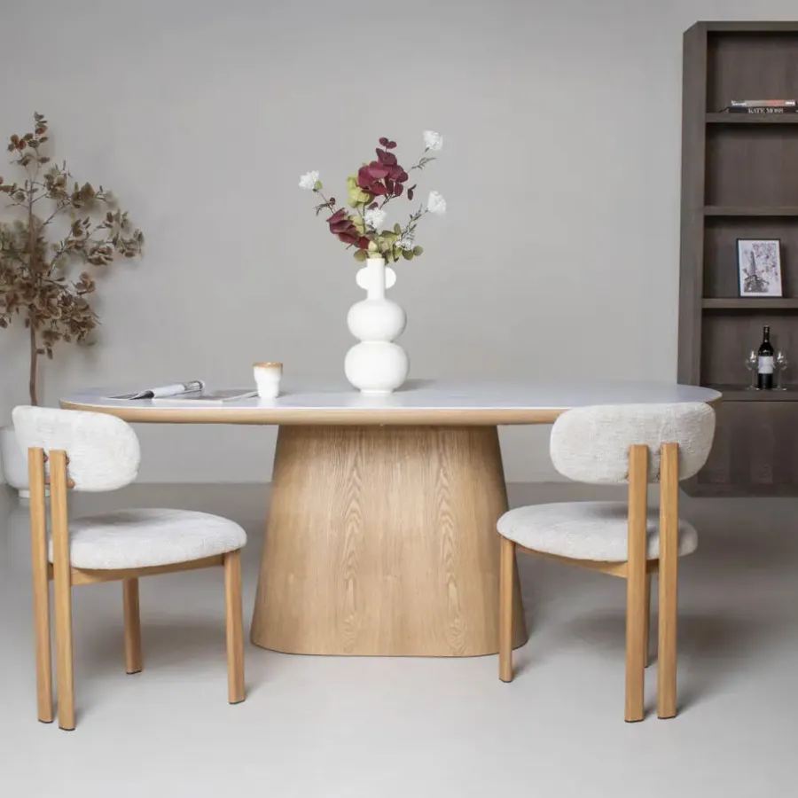 Ovale Eettafels-Giga Meubel Eettafel Wit Keramiek/Naturel - 200x90x77cm - Alba