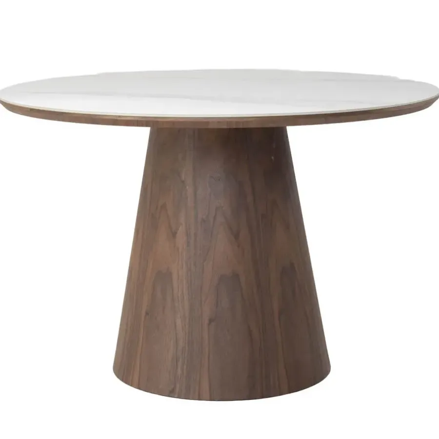 Ronde Eettafels-Giga Meubel Eettafel Wit Keramiek/Walnoot - Ø115x77cm - Alba