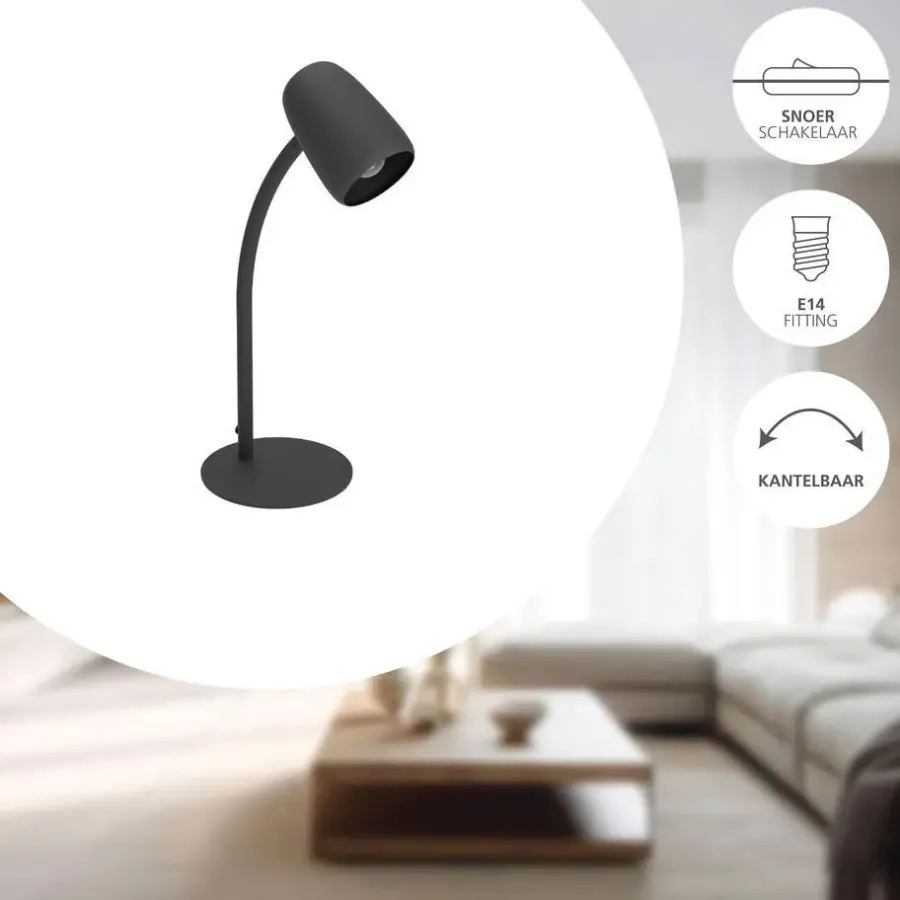 Bureaulampen|Bureaulampen-EGLO Carlo Tafellamp - Bureaulamp - E14 - 46 cm - Zwart - Kantelbaar
