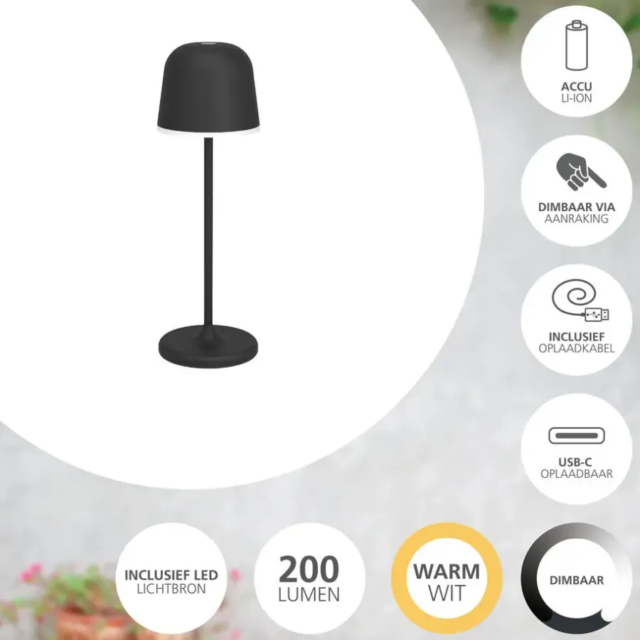 EGLO Mannera Tafellamp - 34 cm - Oplaadbaar (tot 38 uur licht)