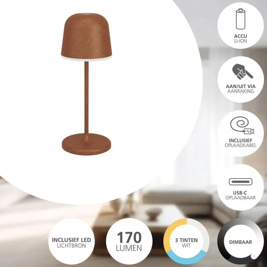 Tafellampen-EGLO Mannera-S Tafellamp/Priklamp - USB-C - H 20 cm - Roestbruin