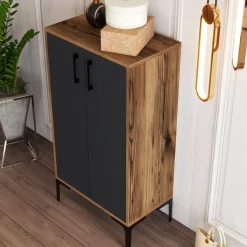Wandkasten-Emob Woody Modieus Schoenenkastje - 100% Melamine - Metalen Poot - Noten