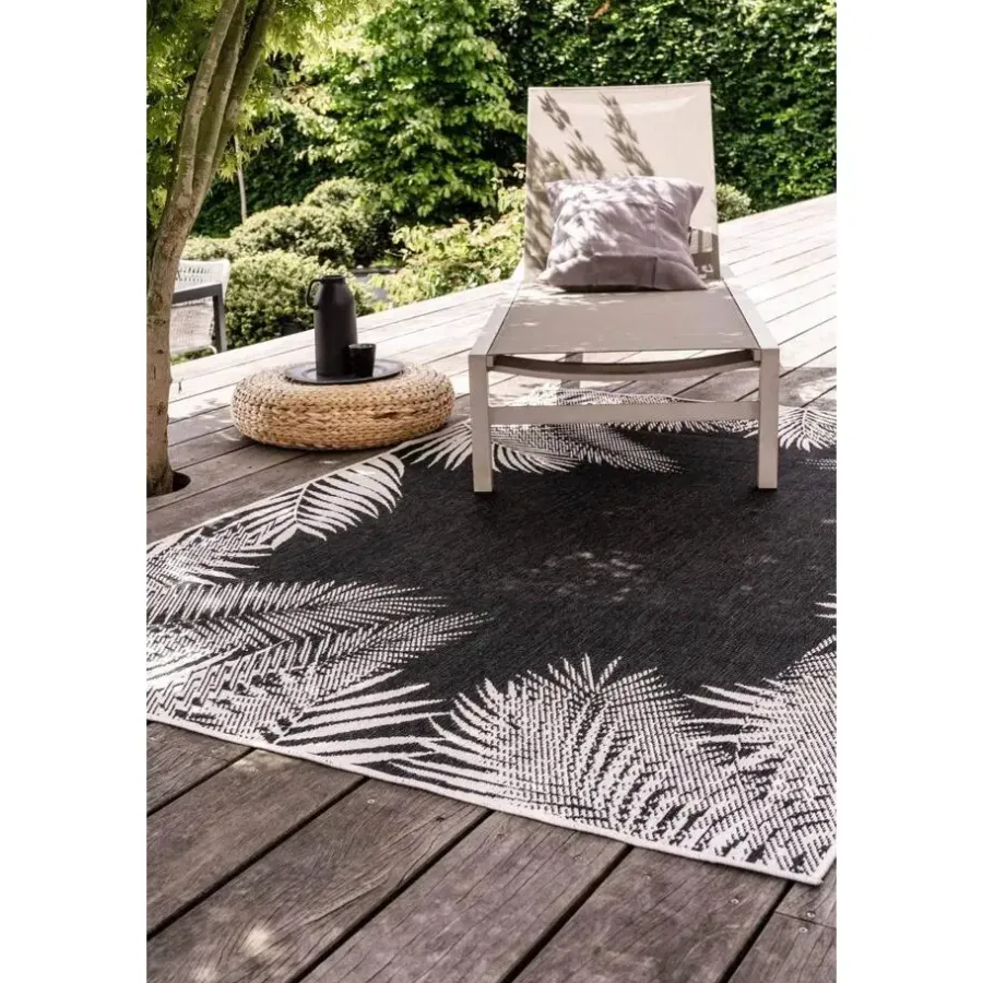 Buiten Vloerkleden|Buiten Vloerkleden-Eva Interior Buitenkleed Zwart Leaf - 200 x 200 cm